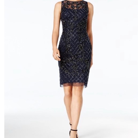 Adrianna Papell Beaded Sheath Navy Blue Dress - Picture 2 of 2